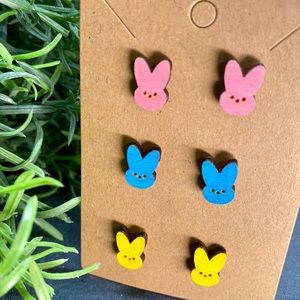 Hand Painted Easter Bunny Peep Heads Wood Stud Earrings - 3 PACK!